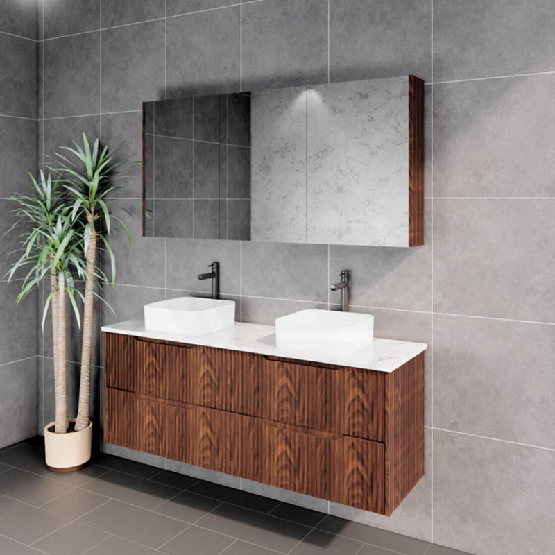 600-1500Mm Bali Wall Hung Bathroom Floating Vanity Brown Oak Linear Fluted Cabinet Pvc Coating