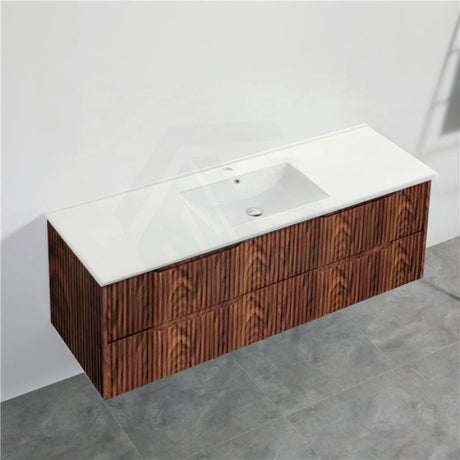 600-1500Mm Bali Wall Hung Bathroom Floating Vanity Brown Oak Linear Fluted Cabinet Pvc Coating