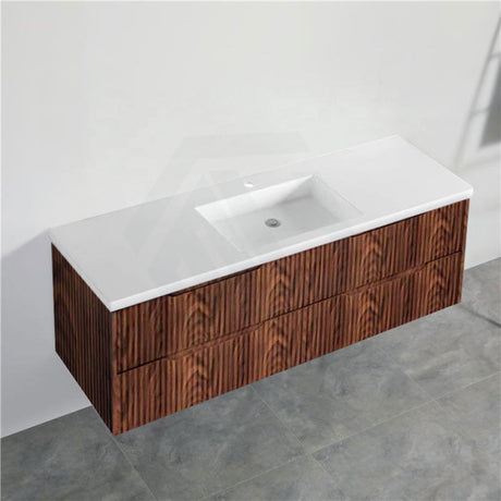 600-1500Mm Bali Wall Hung Bathroom Floating Vanity Brown Oak Linear Fluted Cabinet Pvc Coating