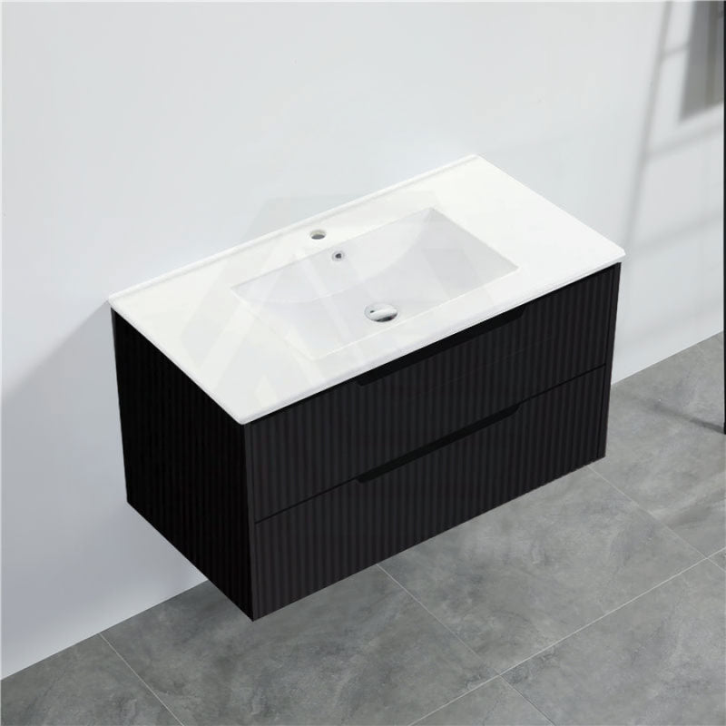 600-1500Mm Bali Wall Hung Bathroom Floating Vanity Matt Black Linear Fluted Cabinet Pvc Coating