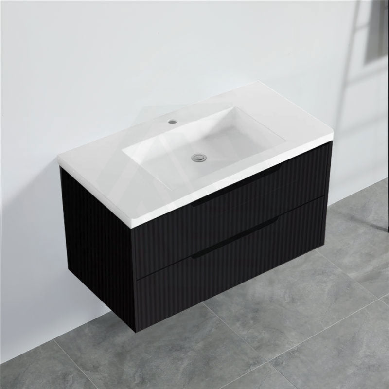 600-1500Mm Bali Wall Hung Bathroom Floating Vanity Matt Black Linear Fluted Cabinet Pvc Coating