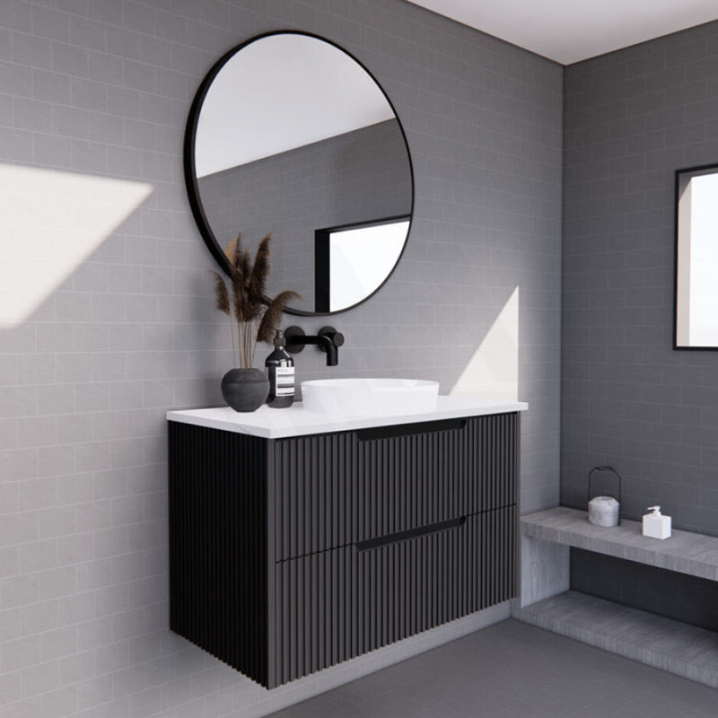 600-1500Mm Bali Wall Hung Bathroom Floating Vanity Matt Black Linear Fluted Cabinet Pvc Coating