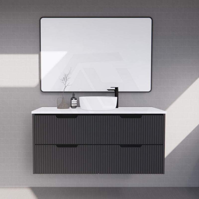 600-1500Mm Bali Wall Hung Bathroom Floating Vanity Matt Black Linear Fluted Cabinet Pvc Coating