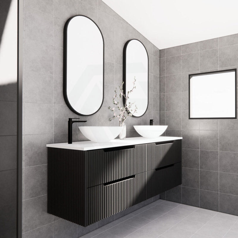 600-1500Mm Bali Wall Hung Bathroom Floating Vanity Matt Black Linear Fluted Cabinet Pvc Coating