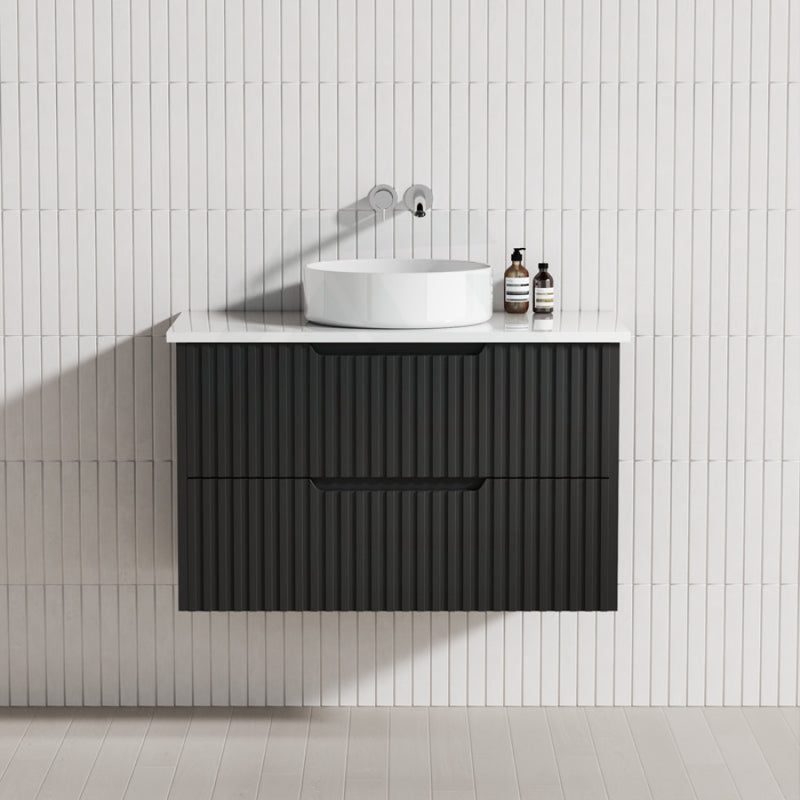 600-1500Mm Bali Wall Hung Bathroom Floating Vanity Matt Black Linear Fluted Cabinet Pvc Coating