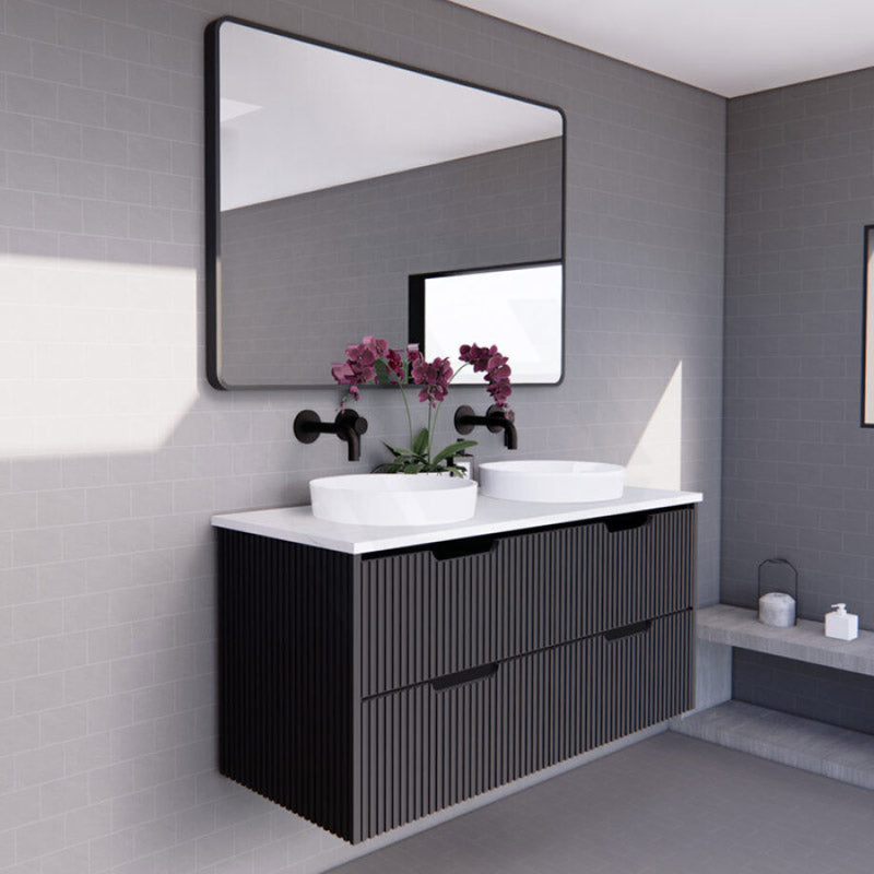 600-1500Mm Bali Wall Hung Bathroom Floating Vanity Matt Black Linear Fluted Cabinet Pvc Coating