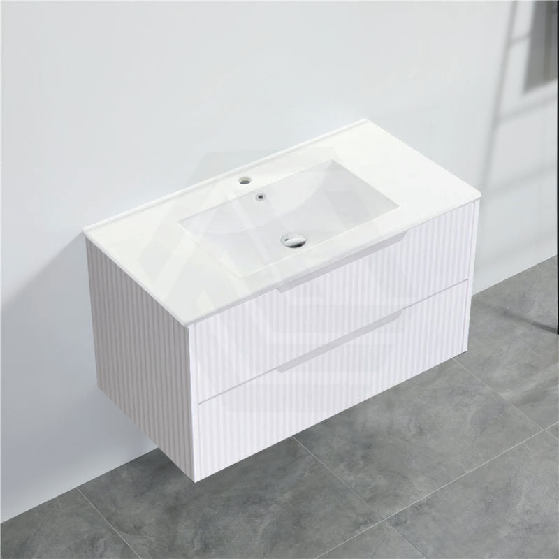 600-1500Mm Bali Wall Hung Bathroom Floating Vanity Matt White Linear Fluted Cabinet Pvc Coating