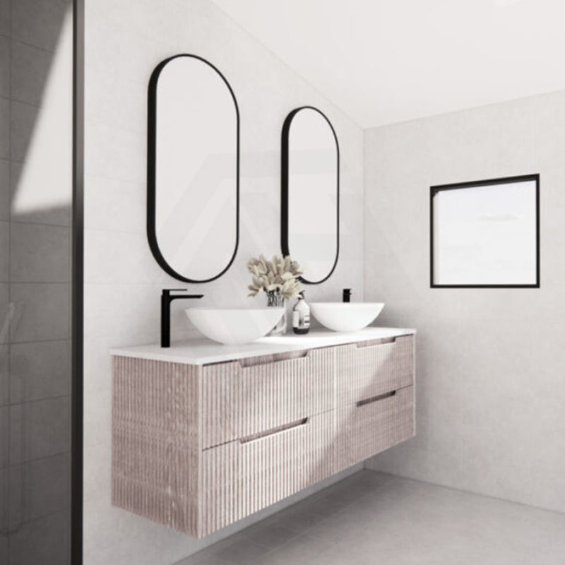 600-1500Mm Bali Wall Hung Bathroom Floating Vanity White Oak Linear Fluted Cabinet Pvc Coating