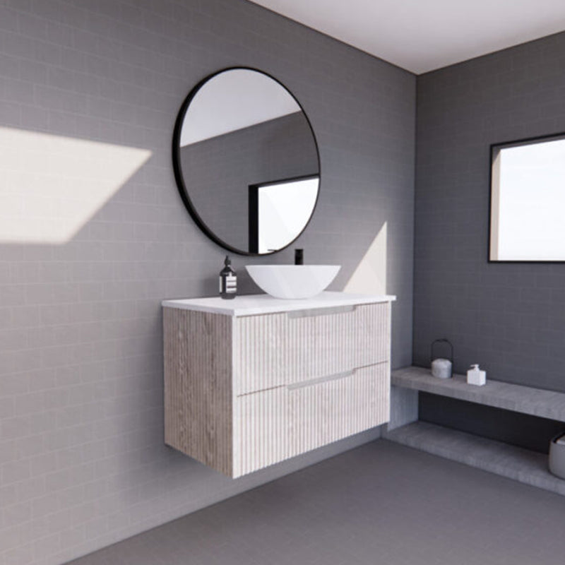 600-1500Mm Bali Wall Hung Bathroom Floating Vanity White Oak Linear Fluted Cabinet Pvc Coating