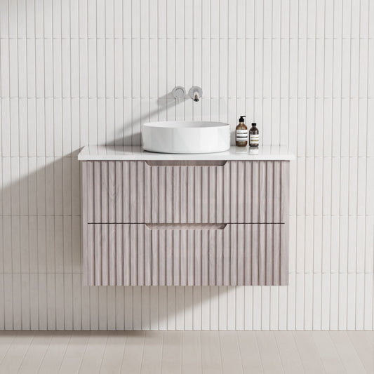 600-1500Mm Bali Wall Hung Bathroom Floating Vanity White Oak Linear Fluted Cabinet Pvc Coating