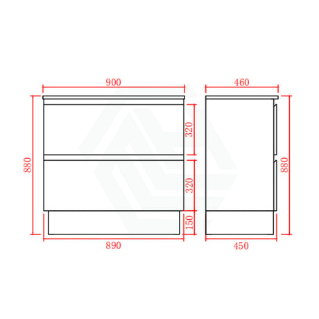 900X460X880Mm Bathroom Floor Vanity Freestanding Gloss White Polyurethane Pvc Kick-Board Cabinet