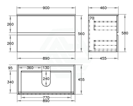 900X460X560Mm Bathroom Floating Vanity Wall Hung Stella Walnut Pvc Cabinet Only & Ceramic/poly Top