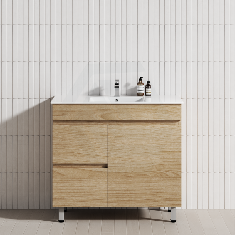 600-1500Mm Berge Freestanding Bathroom Floor Vanity White Oak Wood Grain Pvc Filmed Cabinet Only &