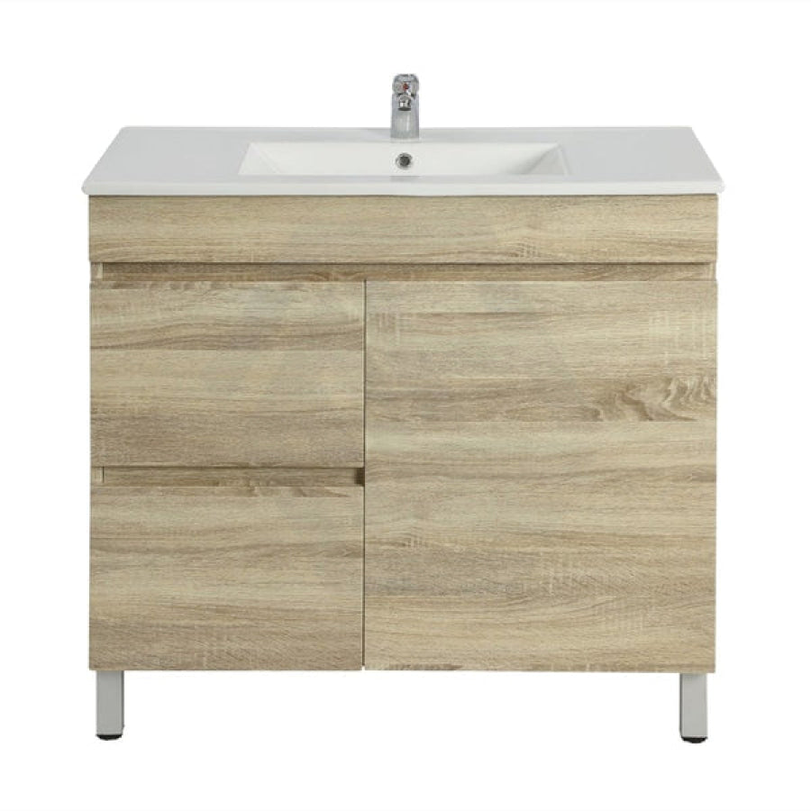 600-1500Mm Freestanding Bathroom Floor Vanity White Oak Wood Grain Left/Right Side Pvc Filmed