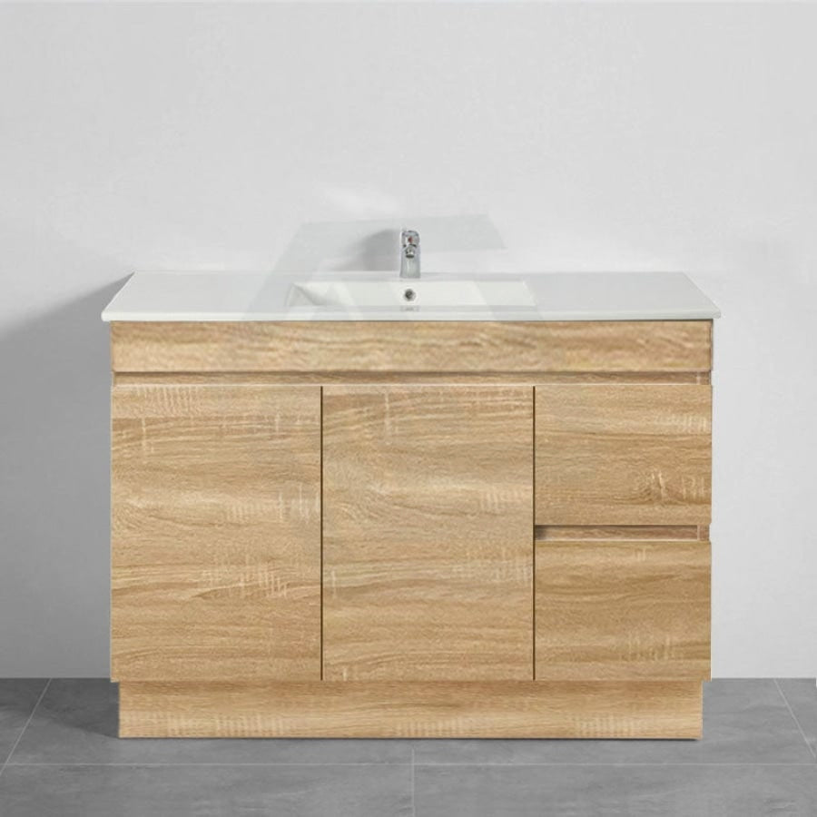 600-1500Mm Berge Freestanding Bathroom Floor Vanity With Kickboard White Oak Wood Grain Pvc Filmed