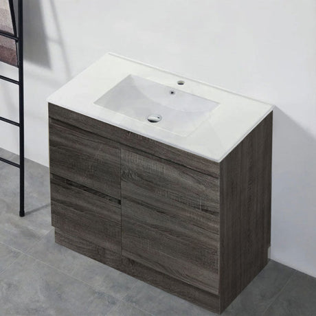 600-1500Mm Berge Freestanding Vanity With Kickboard Dark Grey Wood Grain Pvc Filmed Cabinet Only &