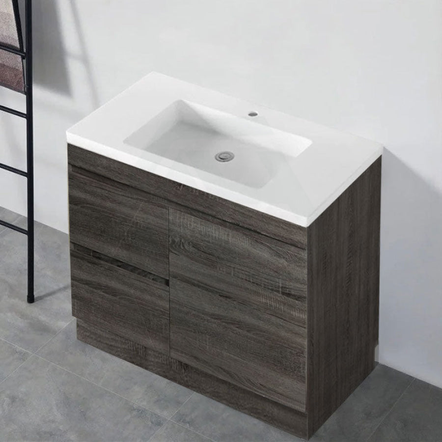 600-1500Mm Berge Freestanding Vanity With Kickboard Dark Grey Wood Grain Pvc Filmed Cabinet Only &