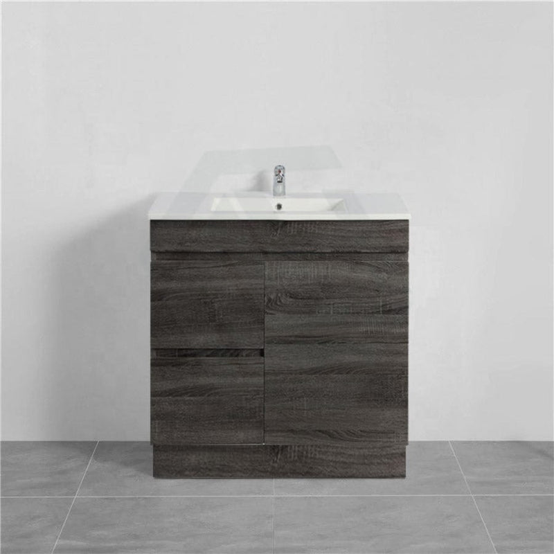 600-1500Mm Berge Freestanding Vanity With Kickboard Dark Grey Wood Grain Pvc Filmed Cabinet Only &