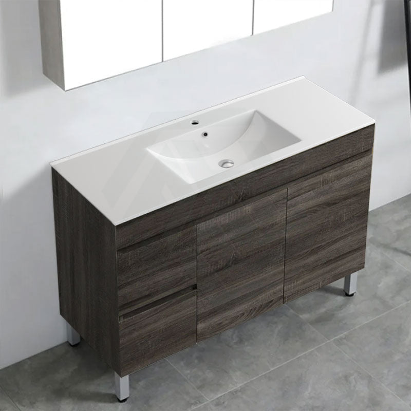 600-1500Mm Berge Freestanding Vanity With Legs Dark Grey Wood Grain Pvc Filmed Cabinet Only &