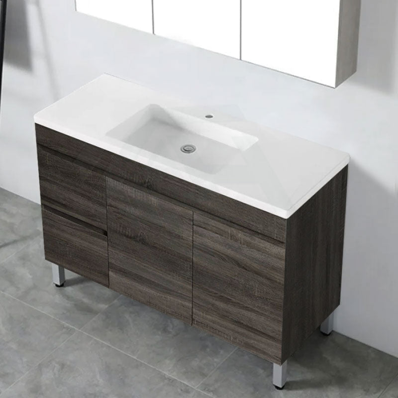 600-1500Mm Berge Freestanding Vanity With Legs Dark Grey Wood Grain Pvc Filmed Cabinet Only &