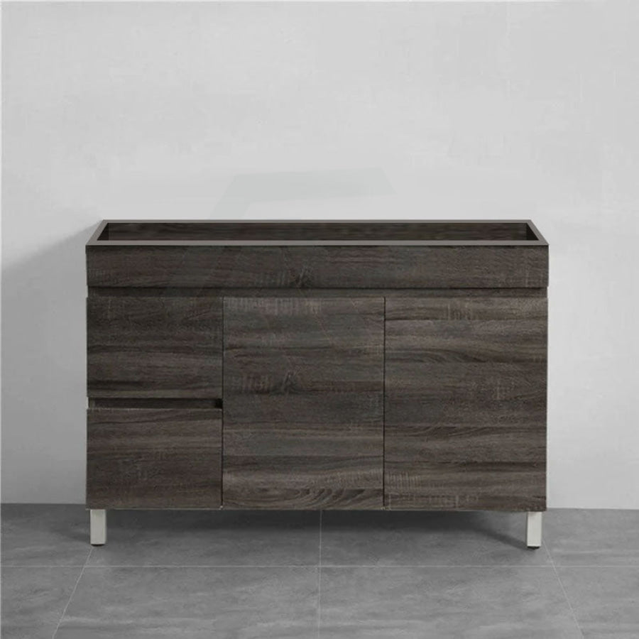 600-1500Mm Berge Freestanding Vanity With Legs Dark Grey Wood Grain Pvc Filmed Cabinet Only &