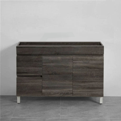 600-1500Mm Berge Freestanding Vanity With Legs Dark Grey Wood Grain Pvc Filmed Cabinet Only &