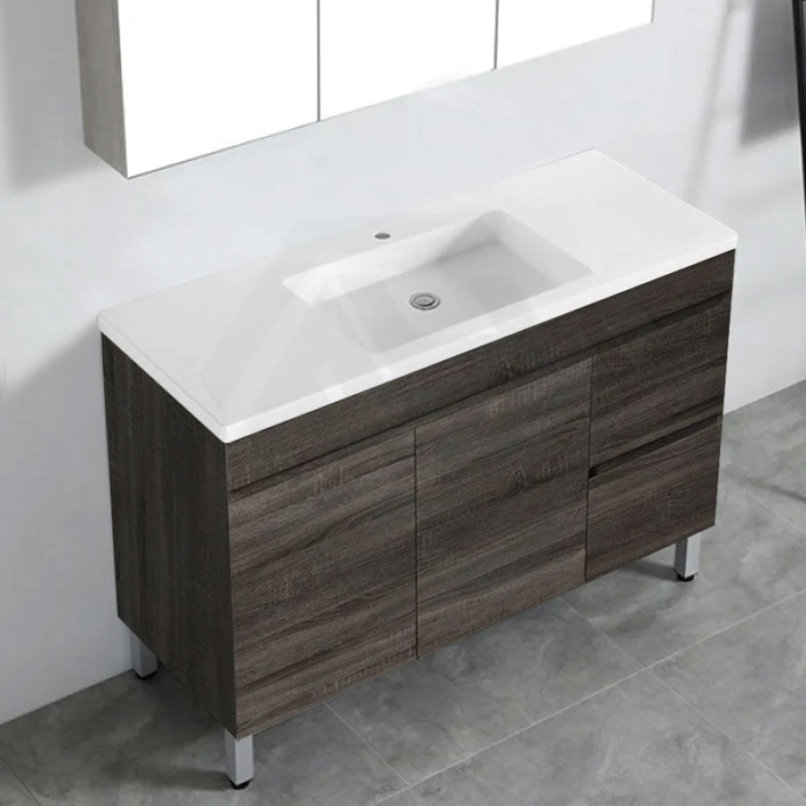 600-1500Mm Berge Freestanding Vanity With Legs Dark Grey Wood Grain Pvc Filmed Cabinet Only &