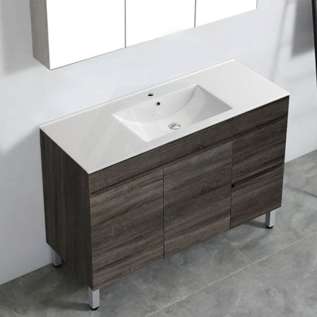 600-1500Mm Berge Freestanding Vanity With Legs Dark Grey Wood Grain Pvc Filmed Cabinet Only &