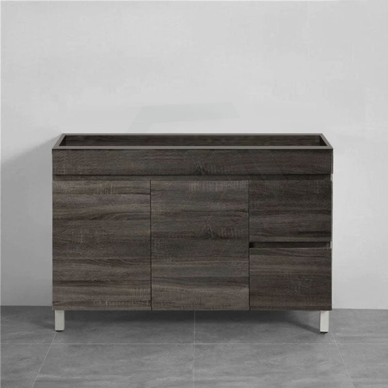 600-1500Mm Berge Freestanding Vanity With Legs Dark Grey Wood Grain Pvc Filmed Cabinet Only &