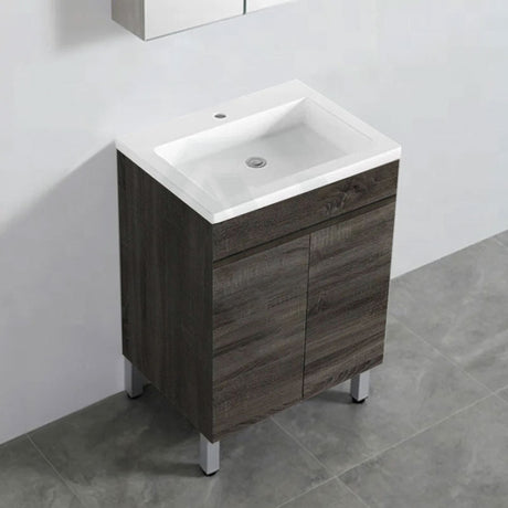 600-1500Mm Berge Freestanding Vanity With Legs Dark Grey Wood Grain Pvc Filmed Cabinet Only &