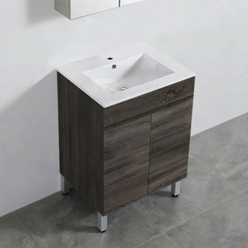 600-1500Mm Berge Freestanding Vanity With Legs Dark Grey Wood Grain Pvc Filmed Cabinet Only &