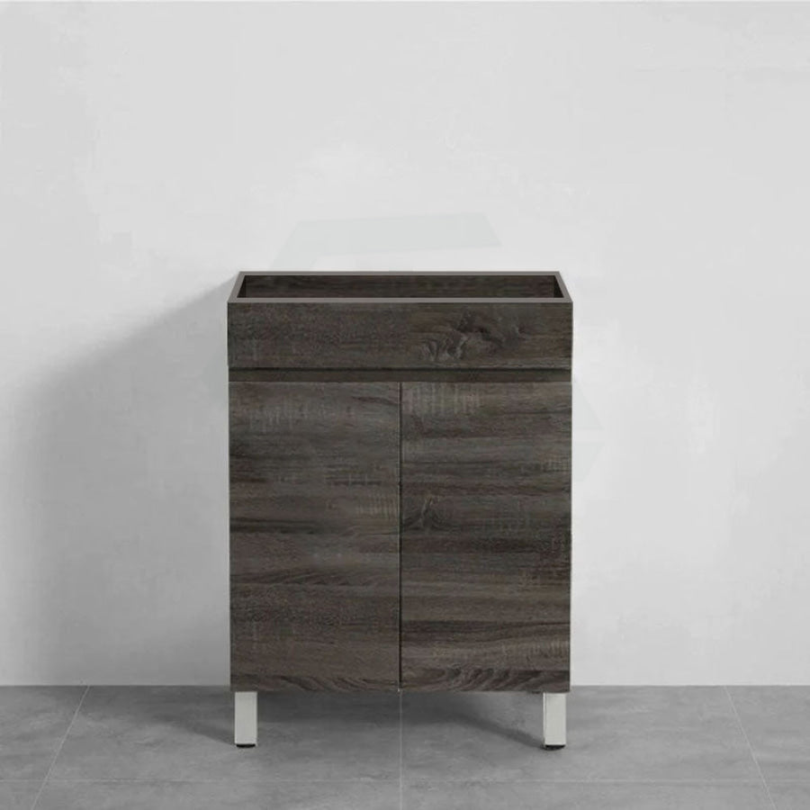 600-1500Mm Berge Freestanding Vanity With Legs Dark Grey Wood Grain Pvc Filmed Cabinet Only &