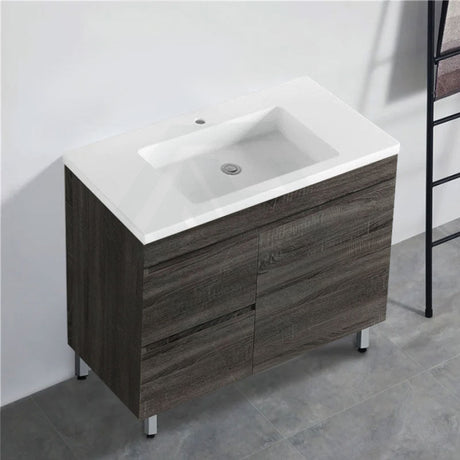 600-1500Mm Berge Freestanding Vanity With Legs Dark Grey Wood Grain Pvc Filmed Cabinet Only &