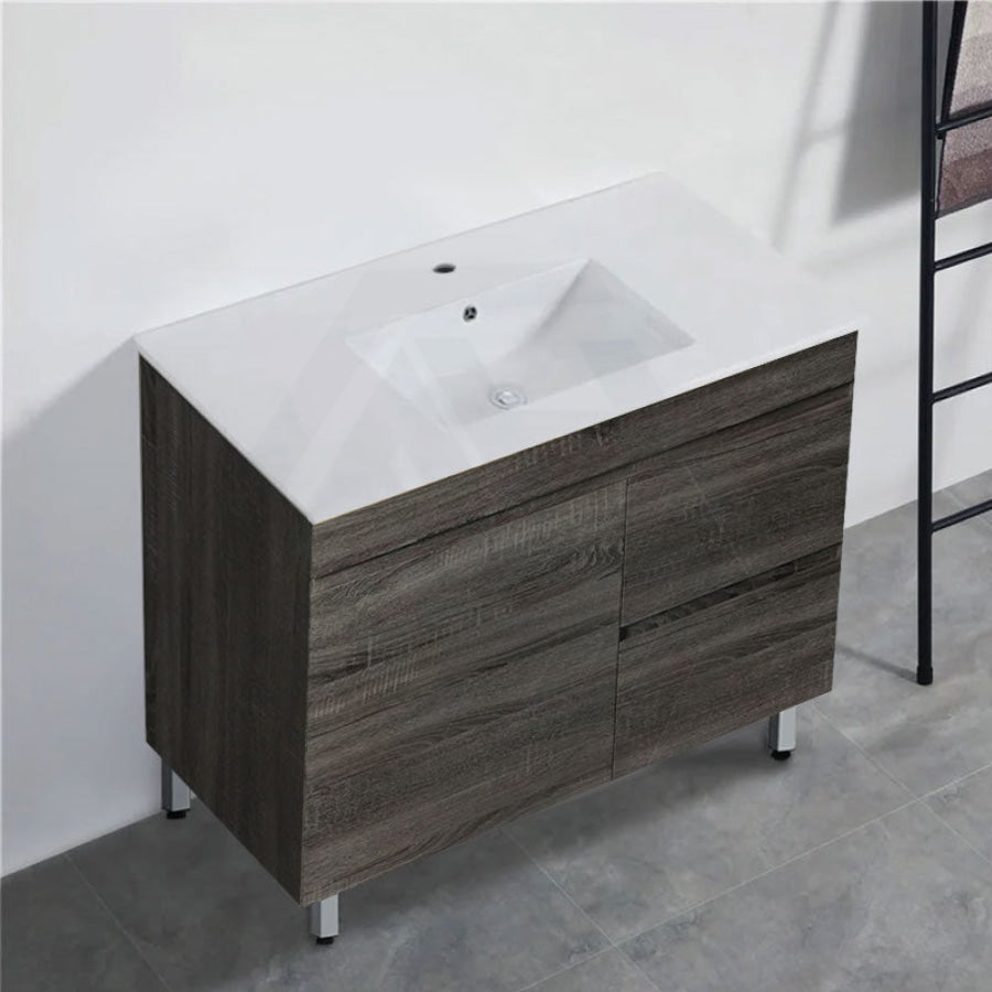 600-1500Mm Berge Freestanding Vanity With Legs Dark Grey Wood Grain Pvc Filmed Cabinet Only &