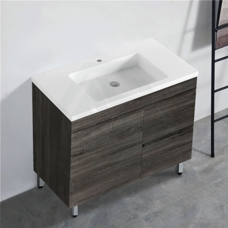 600-1500Mm Berge Freestanding Vanity With Legs Dark Grey Wood Grain Pvc Filmed Cabinet Only &