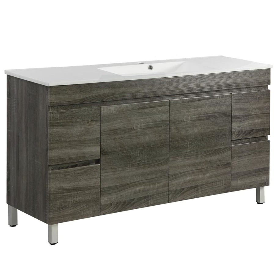 600-1500Mm Berge Freestanding Vanity With Legs Dark Grey Wood Grain Pvc Filmed Cabinet Only &