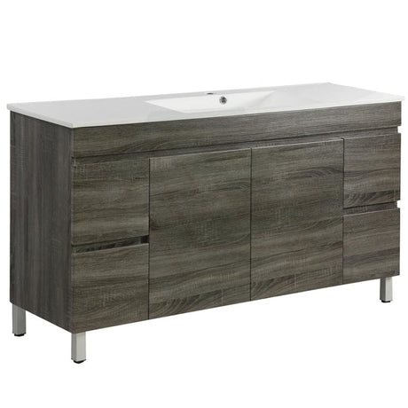 600-1500Mm Berge Freestanding Vanity With Legs Dark Grey Wood Grain Pvc Filmed Cabinet Only &