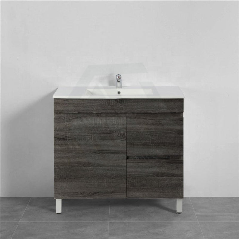 600-1500Mm Berge Freestanding Vanity With Legs Dark Grey Wood Grain Pvc Filmed Cabinet Only &