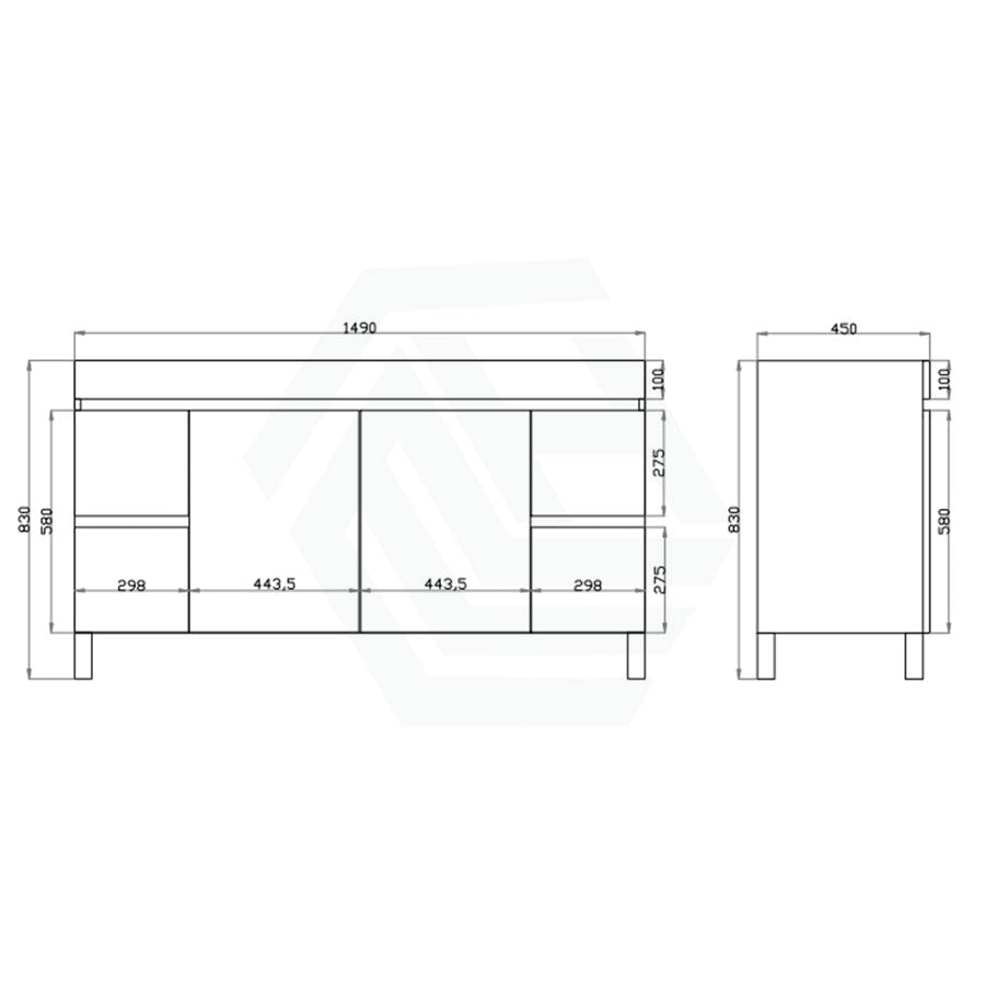 600-1500Mm Berge Freestanding Vanity With Legs Dark Grey Wood Grain Pvc Filmed Cabinet Only &