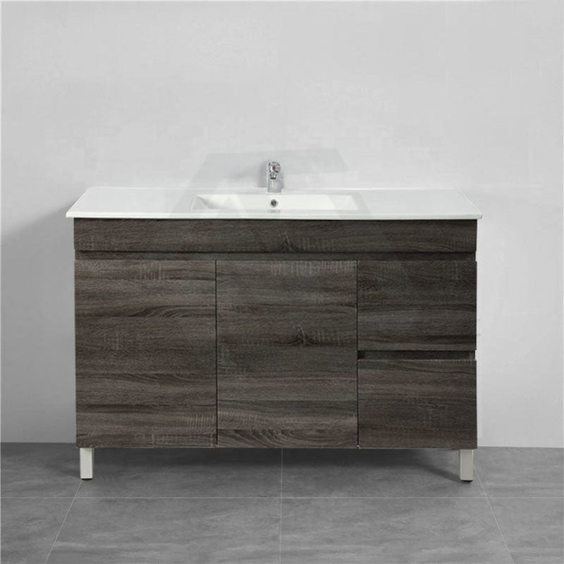 600-1500Mm Berge Freestanding Vanity With Legs Dark Grey Wood Grain Pvc Filmed Cabinet Only &