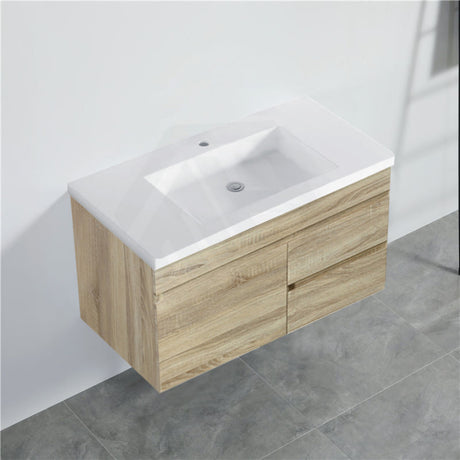 600-1500Mm Berge White Oak Wall Hung Vanity With Left / Right Drawer And Ceramic Poly Tops Options