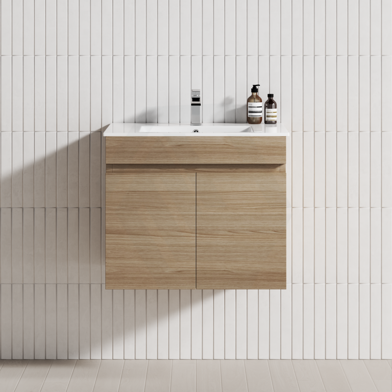 600-1500Mm Berge White Oak Wall Hung Vanity With Left / Right Drawer And Ceramic Poly Tops Options