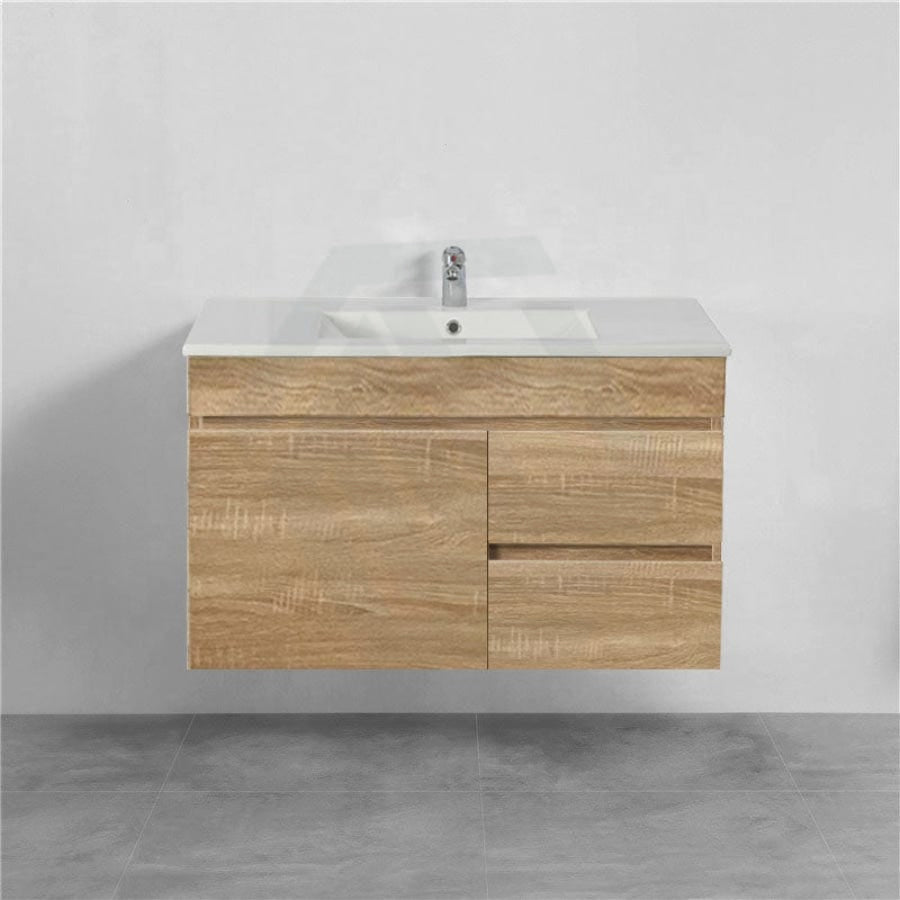 600-1500Mm Berge White Oak Wall Hung Vanity With Left / Right Drawer And Ceramic Poly Tops Options