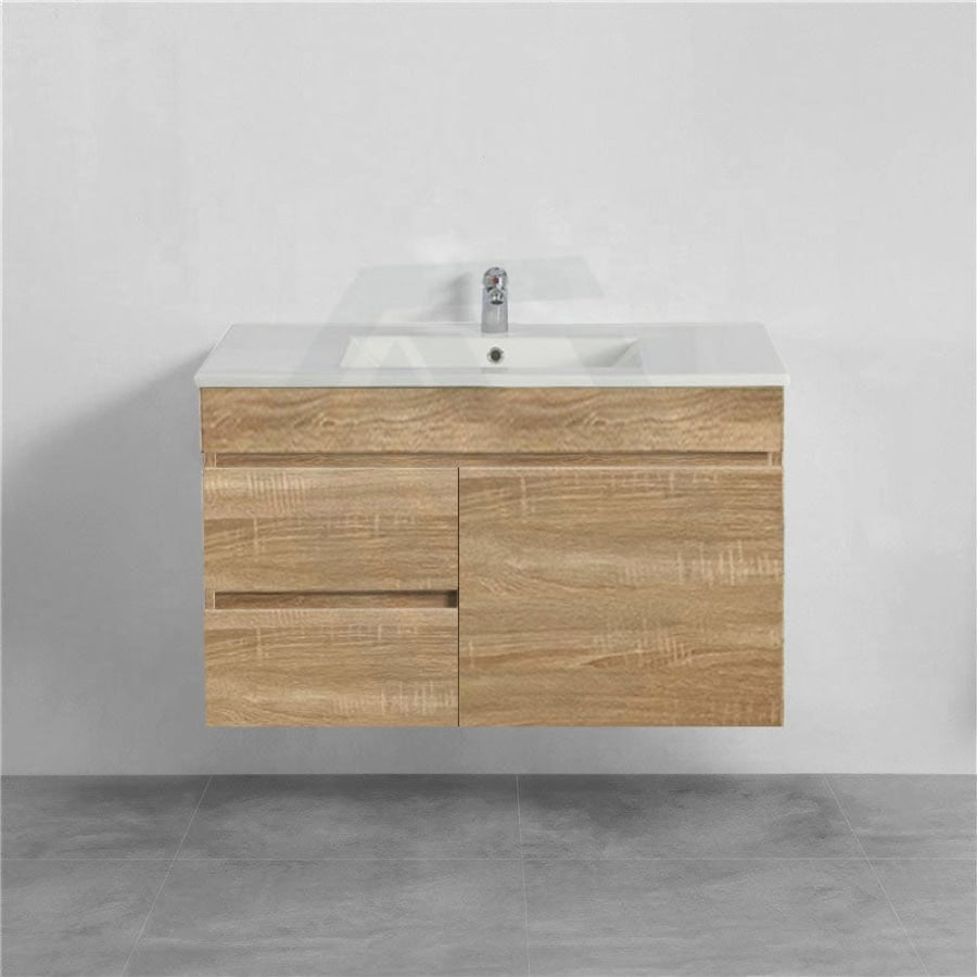 600-1500Mm Berge White Oak Wall Hung Vanity With Left / Right Drawer And Ceramic Poly Tops Options