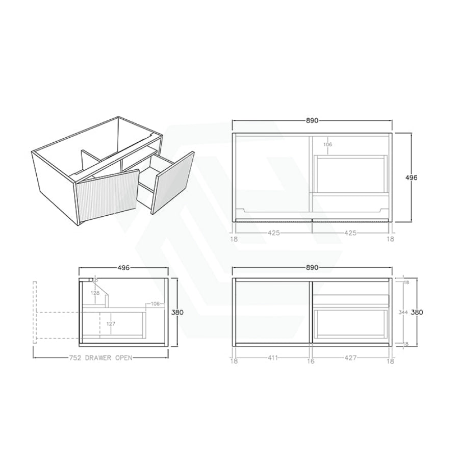 600-1500Mm Bellevue Wall Hung Bathroom Vanity Push-To-Open Prime Oak 900Mm Right Drawer / Blank