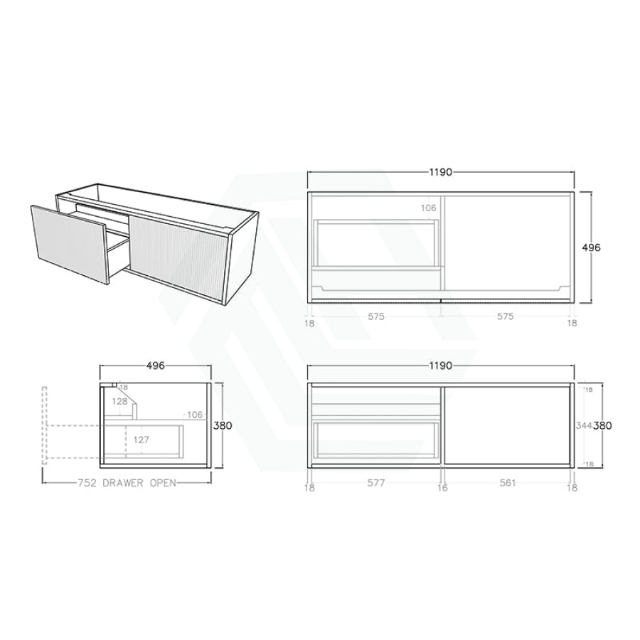 600-1500Mm Bellevue Wall Hung Bathroom Vanity Push-To-Open Prime Oak 1200Mm Left Drawer / Blank