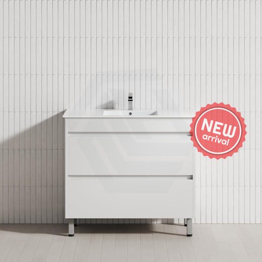 600-1500Mm Freestanding Bathroom Floor Vanity Matt White Pvc Filmed Cabinet Only & Ceramic/Poly Top