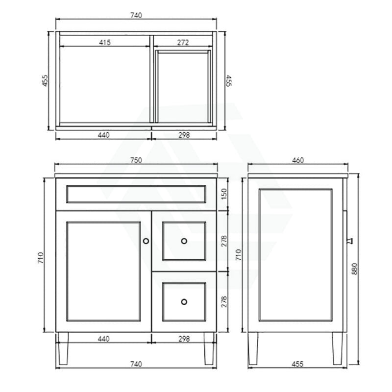 600-1500Mm Harrington Freestanding Vanity With Legs Matt White Pvc Cabinet Only & Ceramic Top