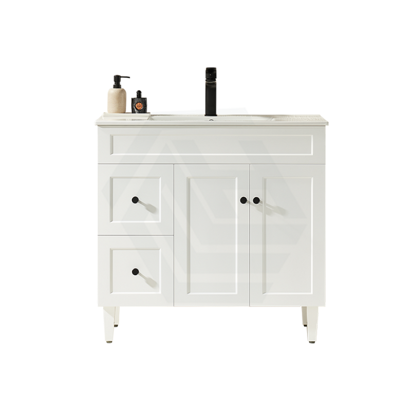 600-1500Mm Harrington Freestanding Vanity With Legs Matt White Pvc Cabinet Only & Ceramic Top