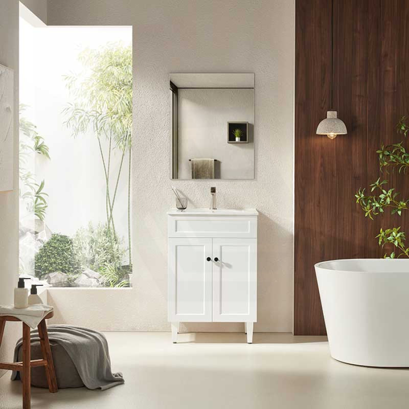 600-1500Mm Harrington Freestanding Vanity With Legs Matt White Pvc Cabinet Only & Ceramic Top